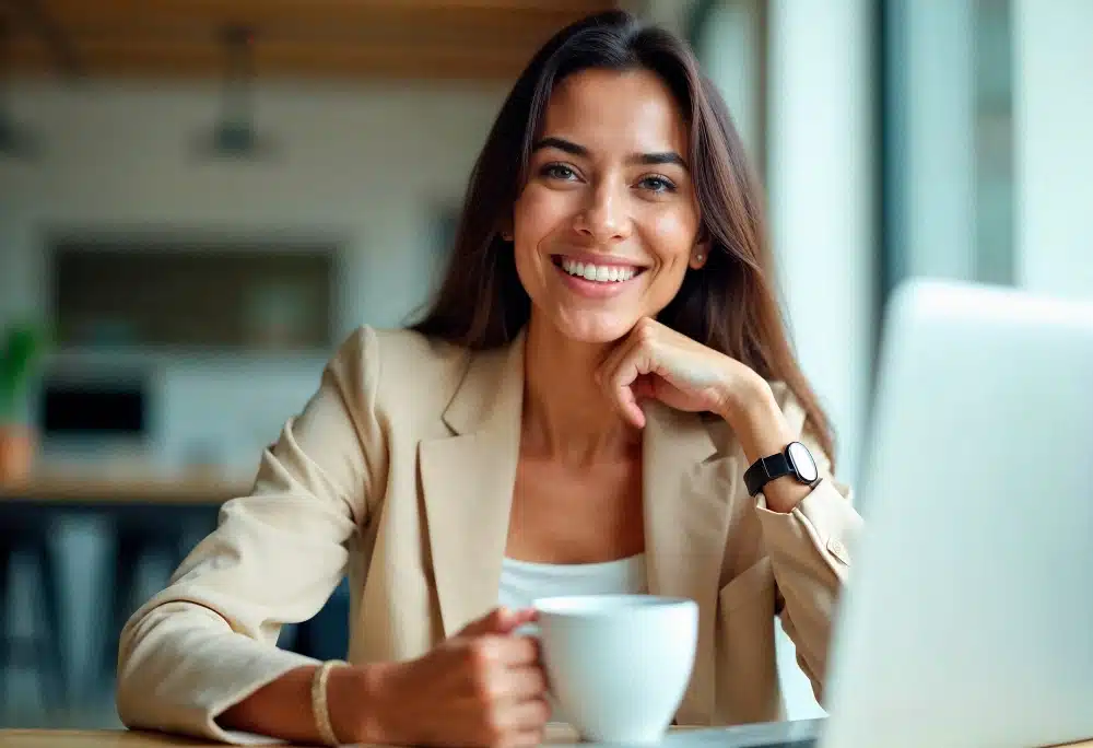 Dona de agência sorrindo em seu escritório, simbolizando a estabilidade alcançada após aprender como diminuir o churn de clientes em agência de marketing.