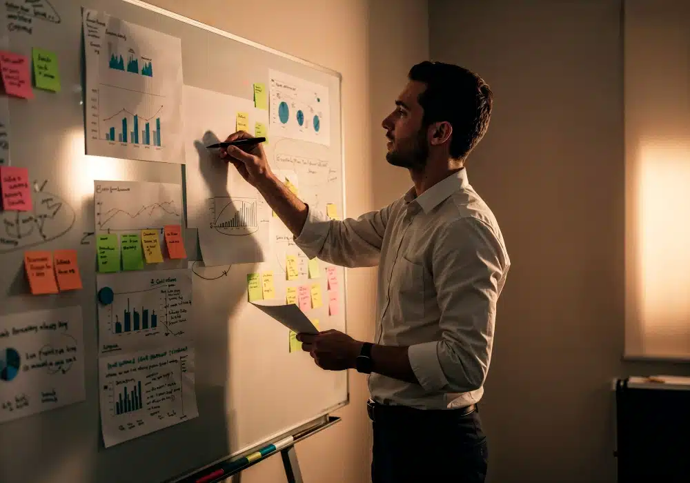 Empresário desenhando um plano estratégico em uma mesa com gráficos, ilustrando como diminuir o churn de clientes em agência de marketing através de um plano de ação.