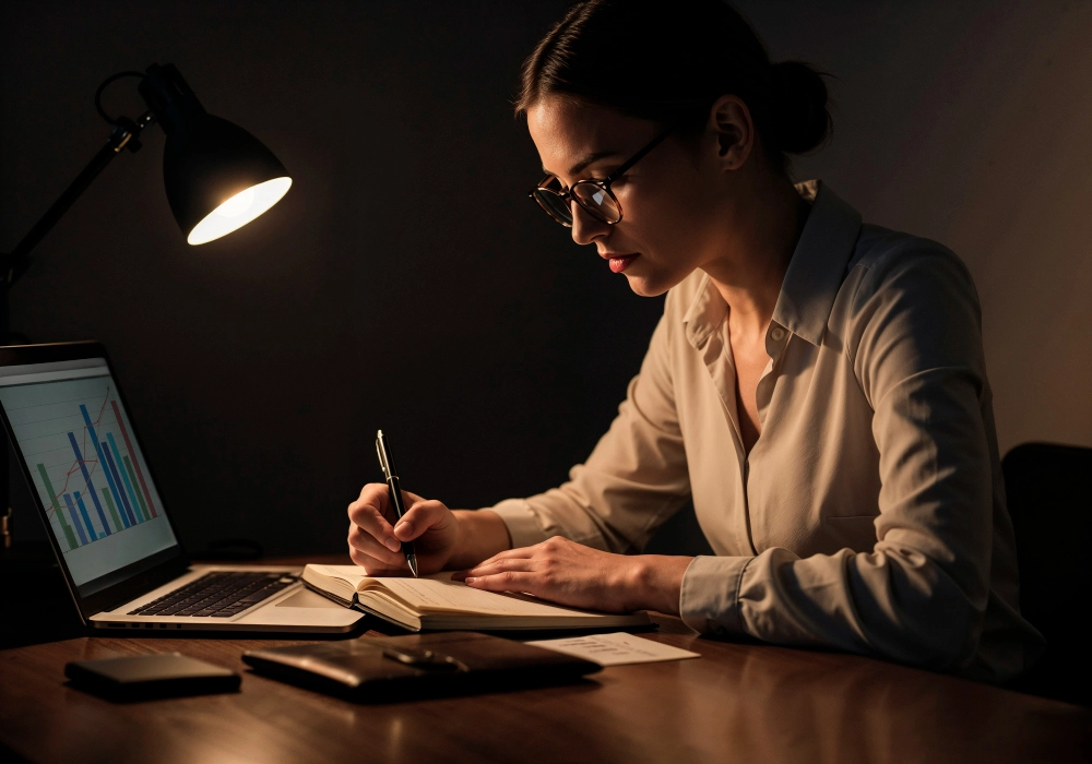 Mão de empresário usando uma calculadora para definir o custo por hora, o primeiro passo da precificação de serviços da agência.