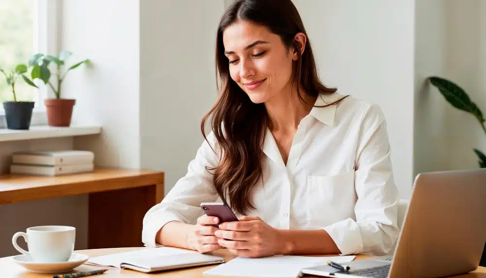 Mulher em seu escritório analisando o computador para encontrar sinais de um time de vendas despreparado, como a demora no contato via WhatsApp.