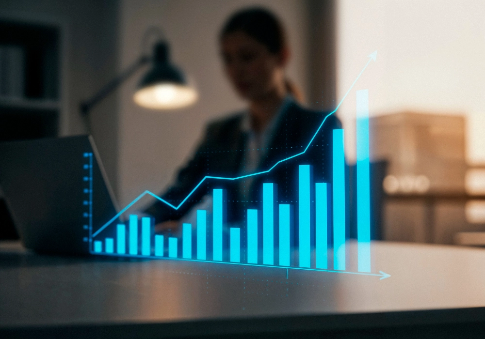 Gráfico de barras ascendente simbolizando o ROI e o crescimento de receita gerado pela implementação de um sistema de treinamento de vendas contínuo.